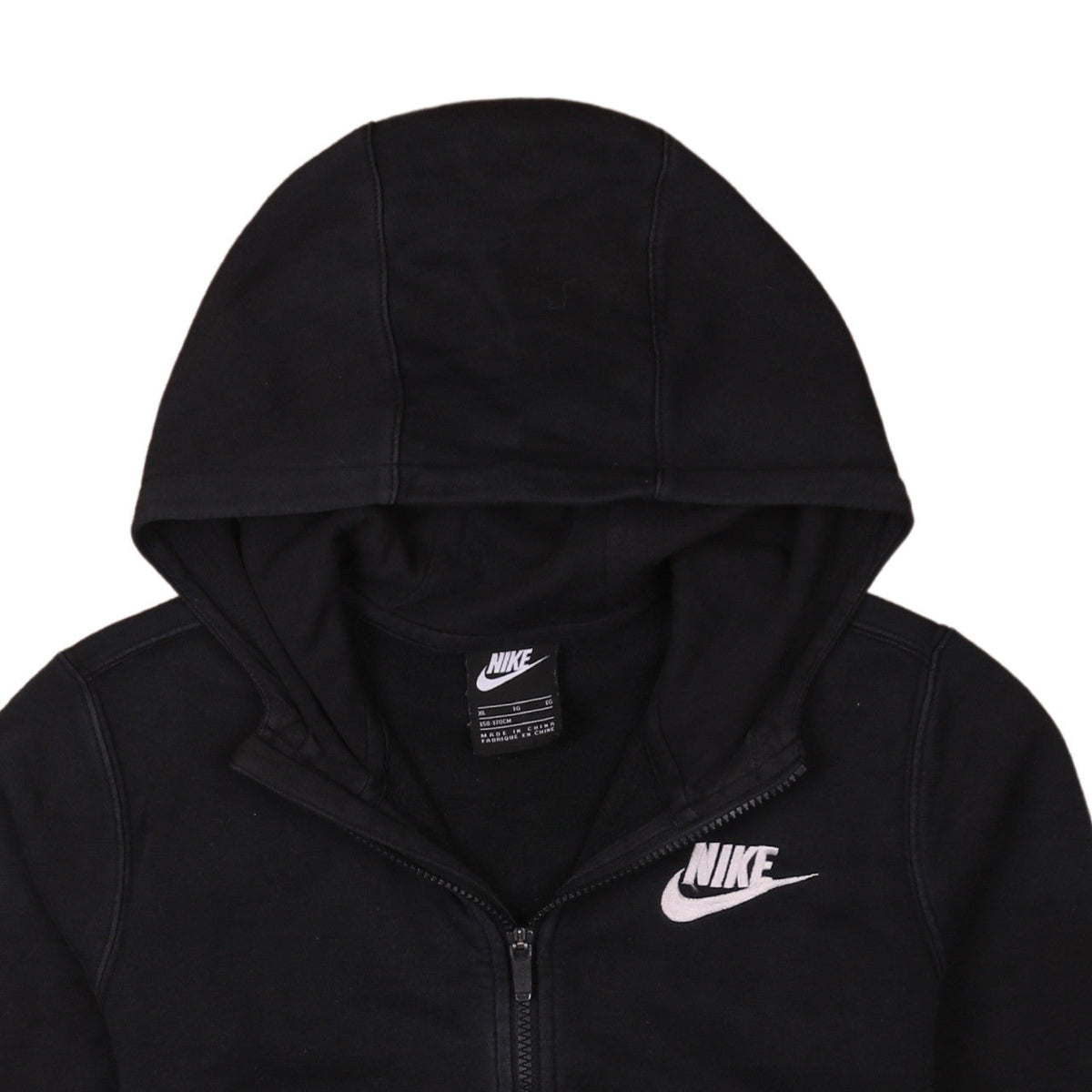 Brand and care label for Nike boys’ black full zip hoodie xl 158-170cm fleece sportswear