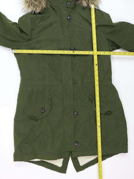 Hollister Mens Green Parka Coat L Faux Fur Hood Winter Jacket