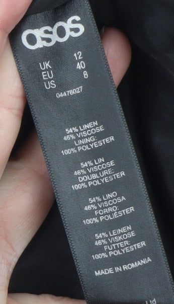 Brand and care label for ASOS Women’s Black Linen Blend Blazer, size UK 12, Regular Fit