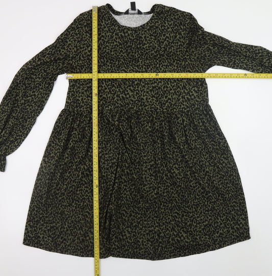 New Look Women’s Green Leopard Print Smock Dress Size 12 Long Sleeve