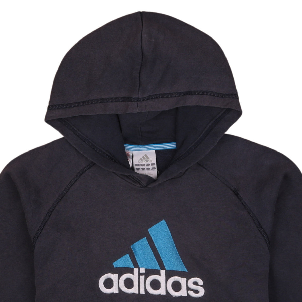 Brand and care label for Adidas boys’ black pullover hoodie 13-14 years fleece sportswear