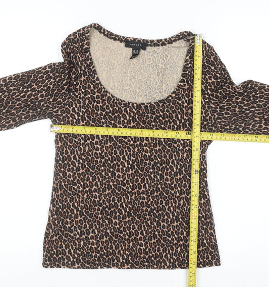 New Look Women Brown Leopard Print Long Sleeve Scoop Neck Top Size 14