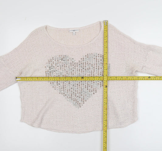 New Look Womens Beige Sequin Heart Knit Jumper Size 14