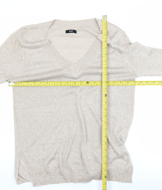 F&F Women’s Beige V-Neck Long Sleeve Pullover Jumper Size 12