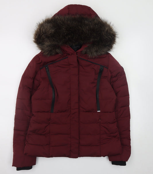 Superdry Women's Red Hooded Fur Trim Puffer Jacket Size S