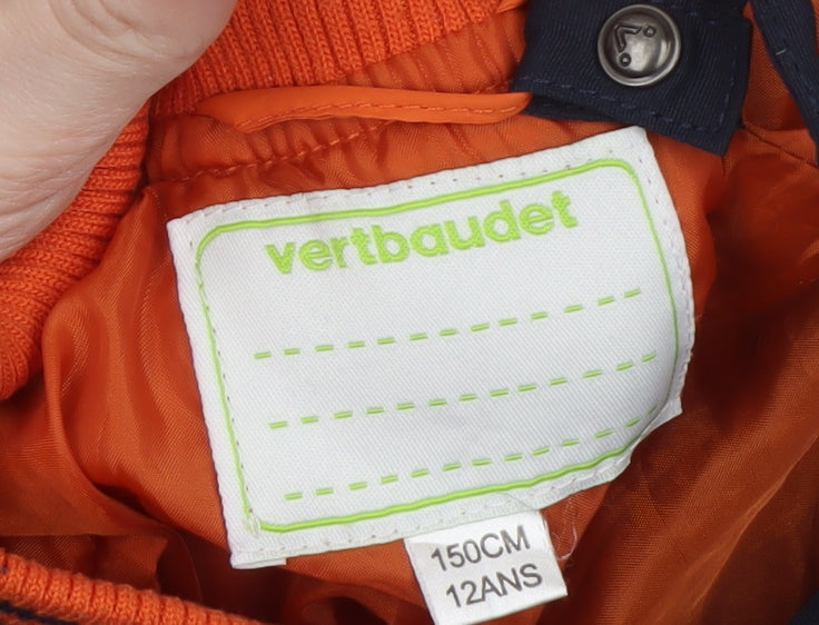 Brand and care label for Vertbaudet boys’ blue hooded parka coat 11-12 years lined water resistant