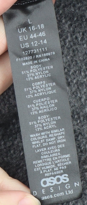 Brand and care label for ASOS Women’s Grey Jumper Dress, size UK 16-18, Knit Half Sleeve High Neck