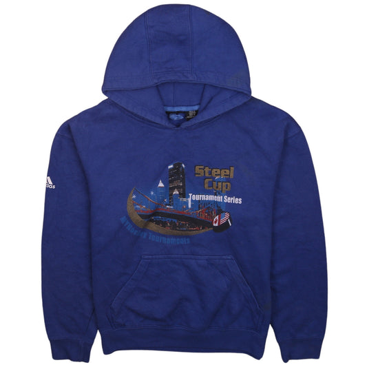 Additional front view of Adidas boys’ blue pullover hoodie yl steel cup graphic sweatshirt