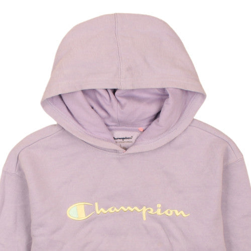 Brand and care label for Champion girls’ purple hooded pullover sweatshirt l fleece lined casual