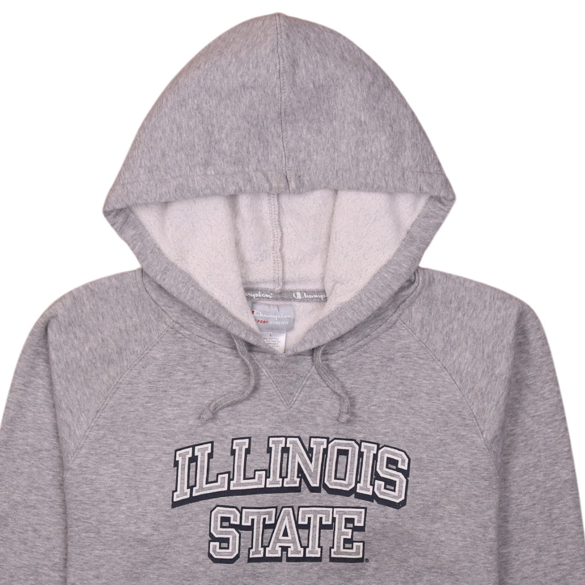 Brand and care label for Champion boys’ grey illinois state pullover hoodie, size L, fleece cotton blend