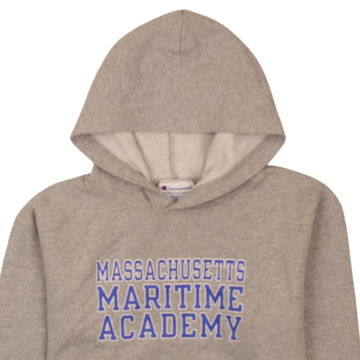 Brand and care label for Champion boys’ grey massachusetts maritime academy pullover hoodie yxl (14-16)