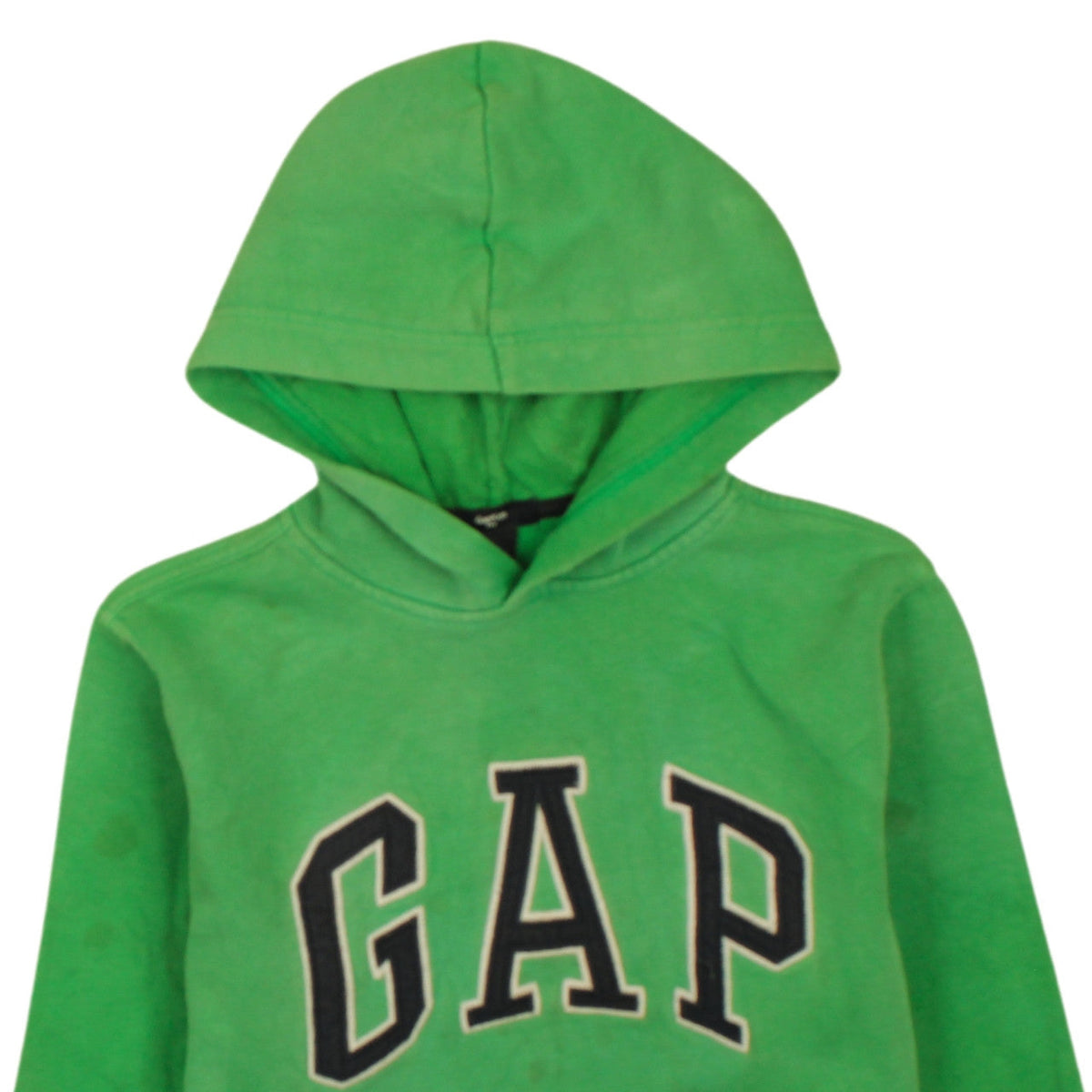 Brand and care label for Gap boys’ green pullover hoodie 12 years fleece lined logo sweatshirt