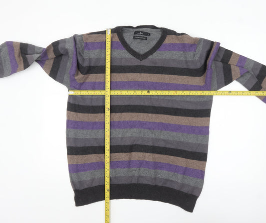 Jeff Banks Men's Multicoloured Striped V-Neck Cotton Cashmere Jumper L