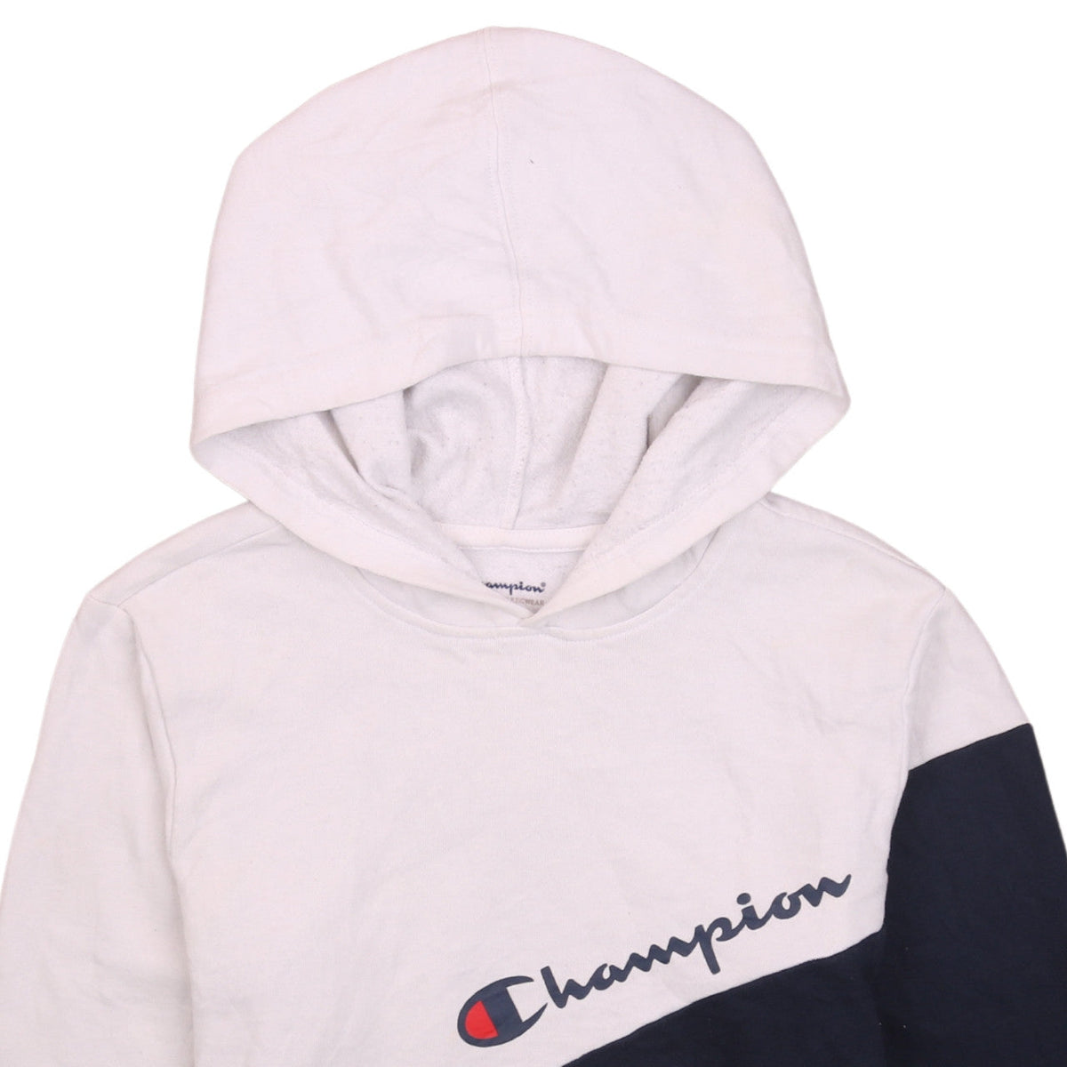 Brand and care label for Champion boys’ white & blue pullover hoodie xl colourblock fleece sweatshirt