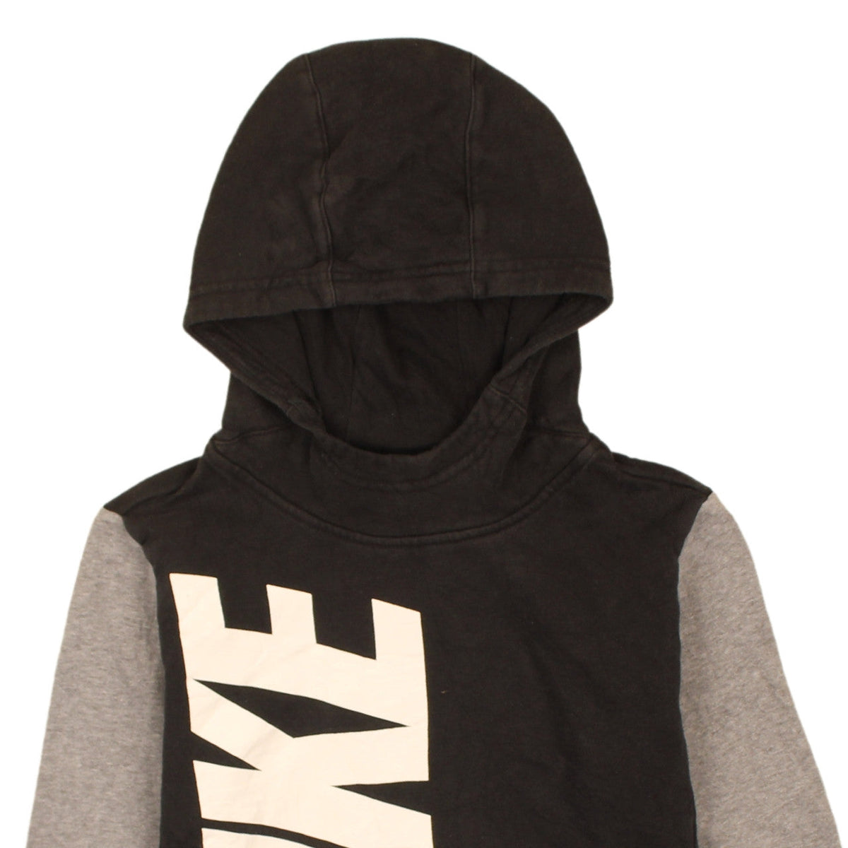 Brand and care label for Nike boys’ black & grey pullover hoodie, size L, graphic logo fleece