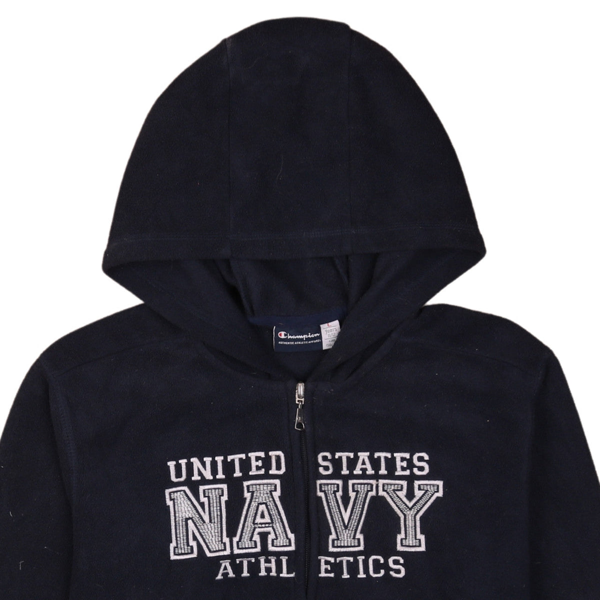 Brand and care label for Champion boys’ navy full zip hoodie 11-12 years fleece athletic sweatshirt