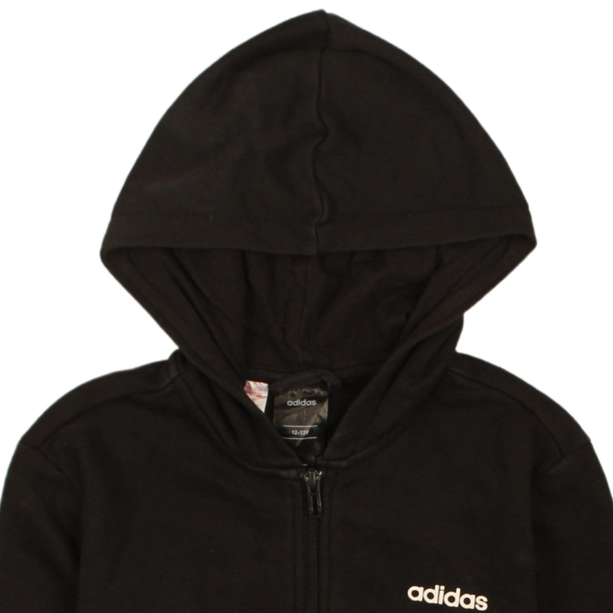 Brand and care label for Adidas boys’ black full zip hoodie 12-13 years hooded sweatshirt