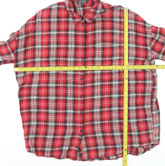 Topshop Women's Red Plaid Embroidered Cotton Flannel Shirt UK 8