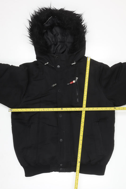River Island Men's Black L Hooded Puffer Jacket Faux Fur Winter Coat