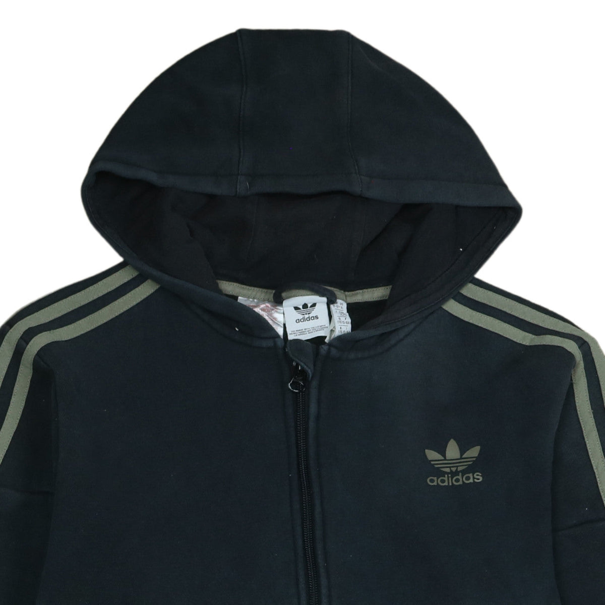 Brand and care label for Adidas boys’ black full zip hoodie xl 15-16 years with logo & pockets