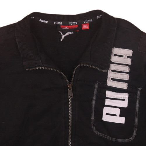 Brand and care label for Puma boys’ black full zip sweatshirt, size 12, years logo fleece