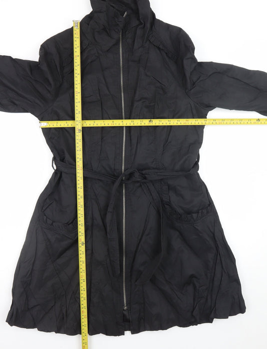 Wallis Women’s Black Long Trench Coat Size 14 Belted Zip Cotton Blend
