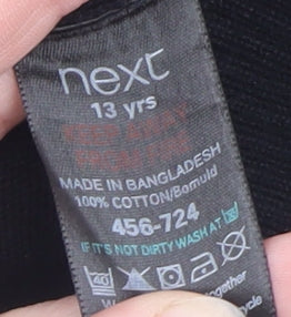 Brand and care label for Next Teens Black Cotton V-Neck Button Cardigan, size 13, Yrs