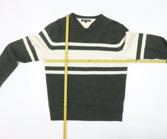Tommy Hilfiger Men's Green Striped V-Neck Wool Blend Jumper L