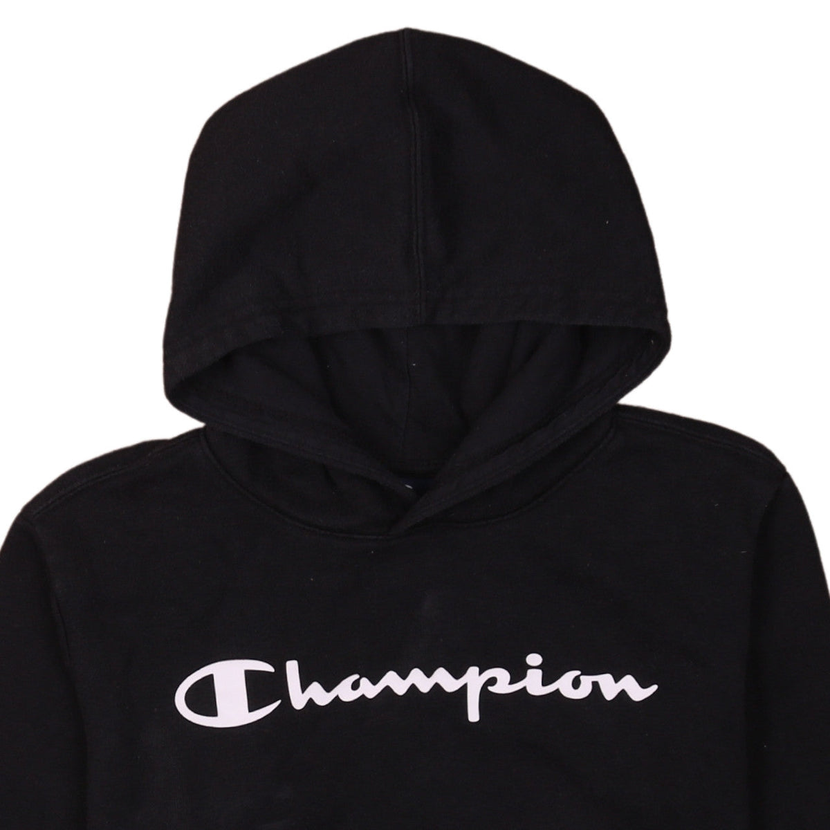 Brand and care label for Champion boys’ black pullover hoodie 13-14 years fleece logo sweatshirt