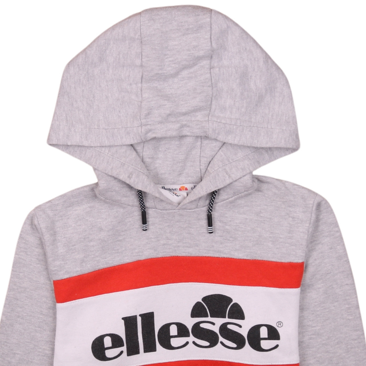 Brand and care label for Ellesse boys’ grey pullover hoodie 12 years logo colourblock sportswear