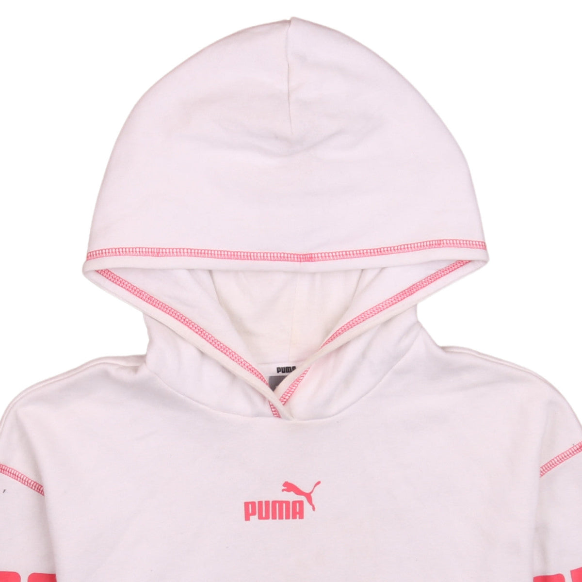 Brand and care label for Puma girls’ white pink logo pullover hoodie 13-14 years
