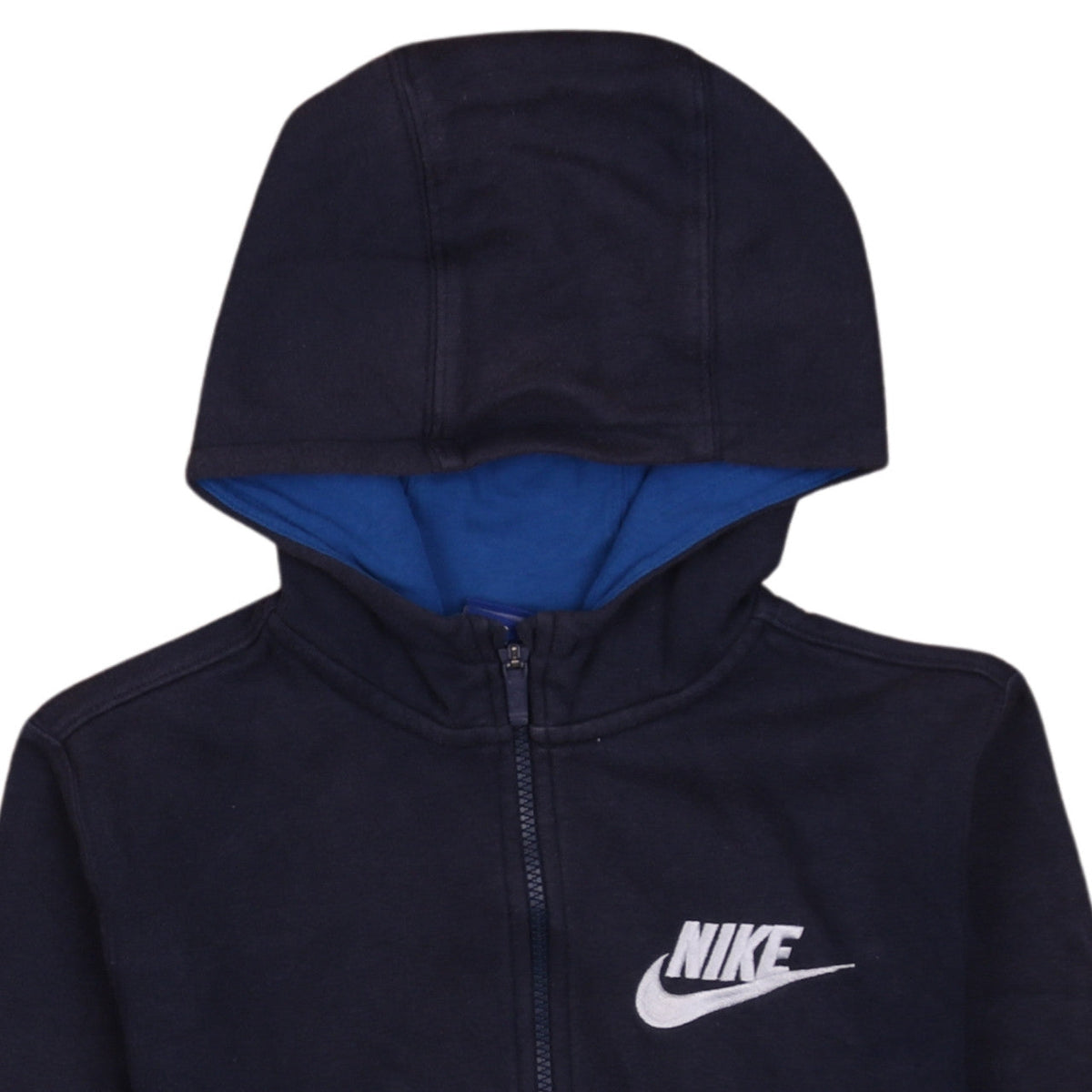 Brand and care label for Nike boys’ blue full zip hoodie 12-13 years fleece casual sweatshirt