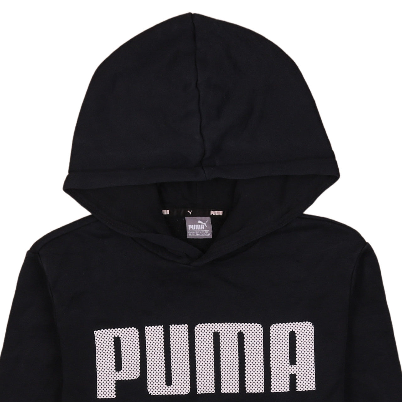Brand and care label for Puma boys’ black hoodie 13-14 years pullover fleece sweatshirt