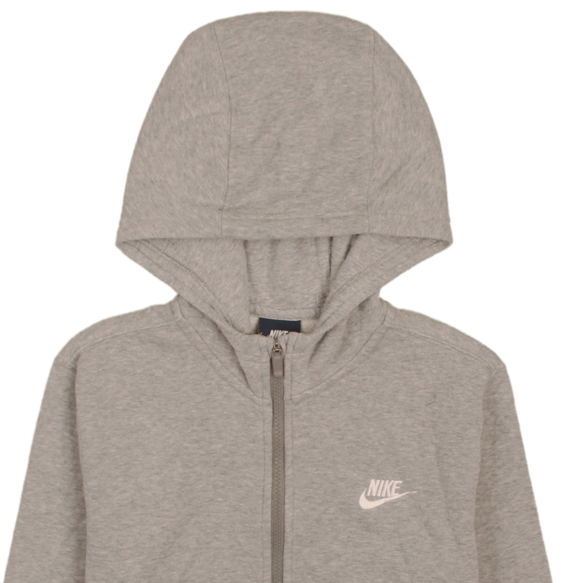 Brand and care label for Nike boys’ grey full zip hoodie 12-13 years regular fit logo design