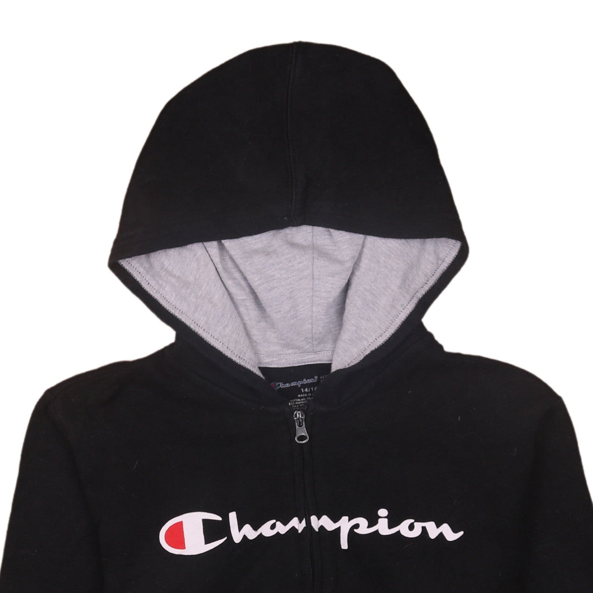 Brand and care label for Champion boys’ black full zip hoodie 14-16 years cotton blend athleticwear