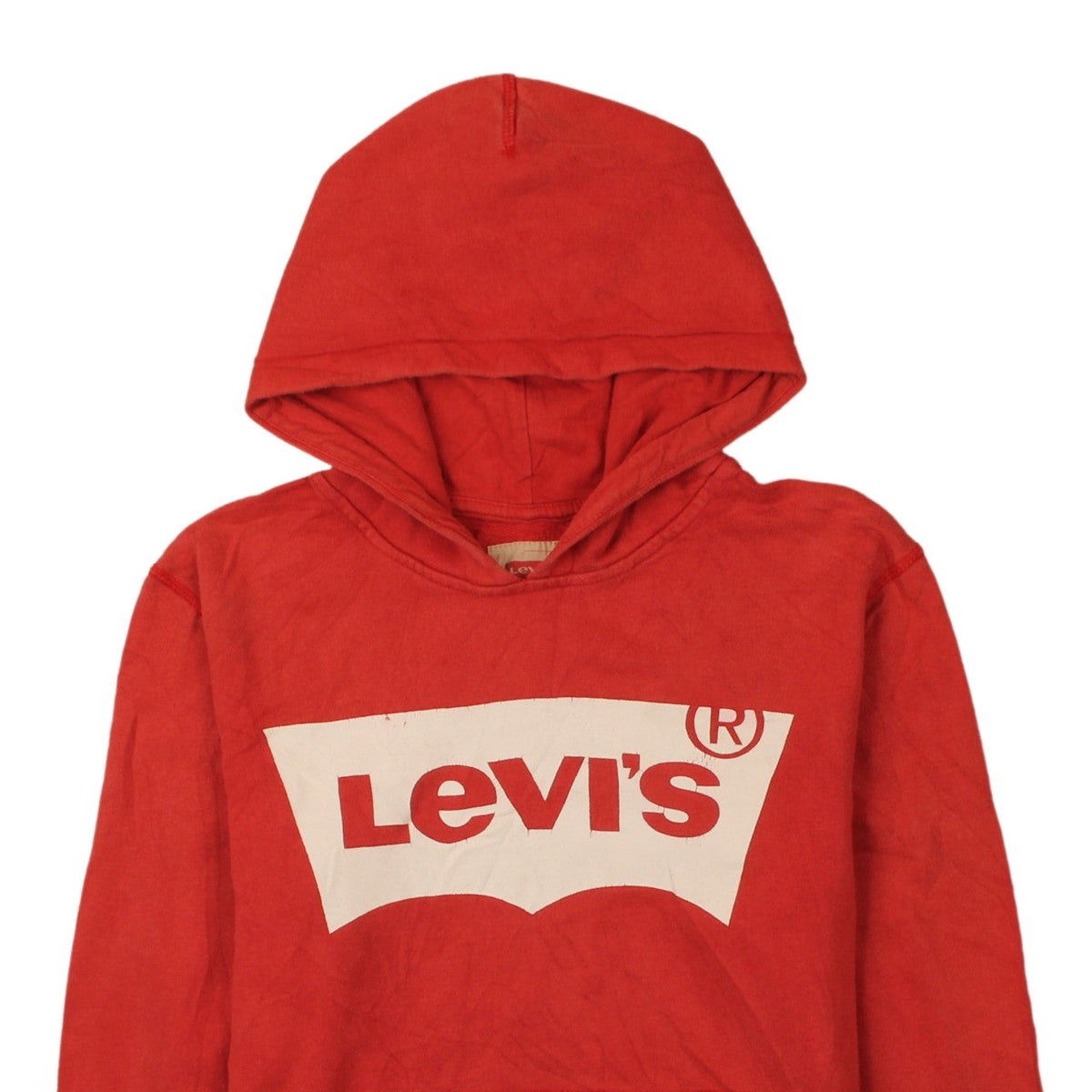 Brand and care label for Levi's boys’ red logo pullover hoodie, size 14, cotton fleece casual