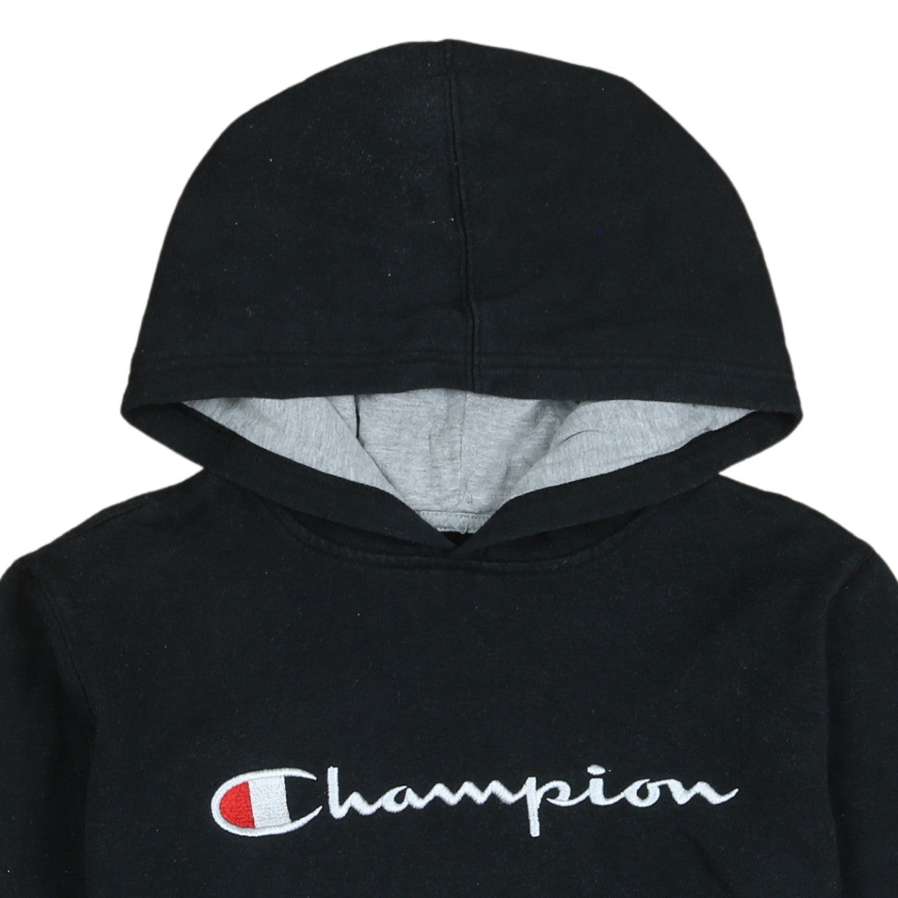 Brand and care label for Champion boys’ black pullover hoodie l logo embroidered fleece sweatshirt