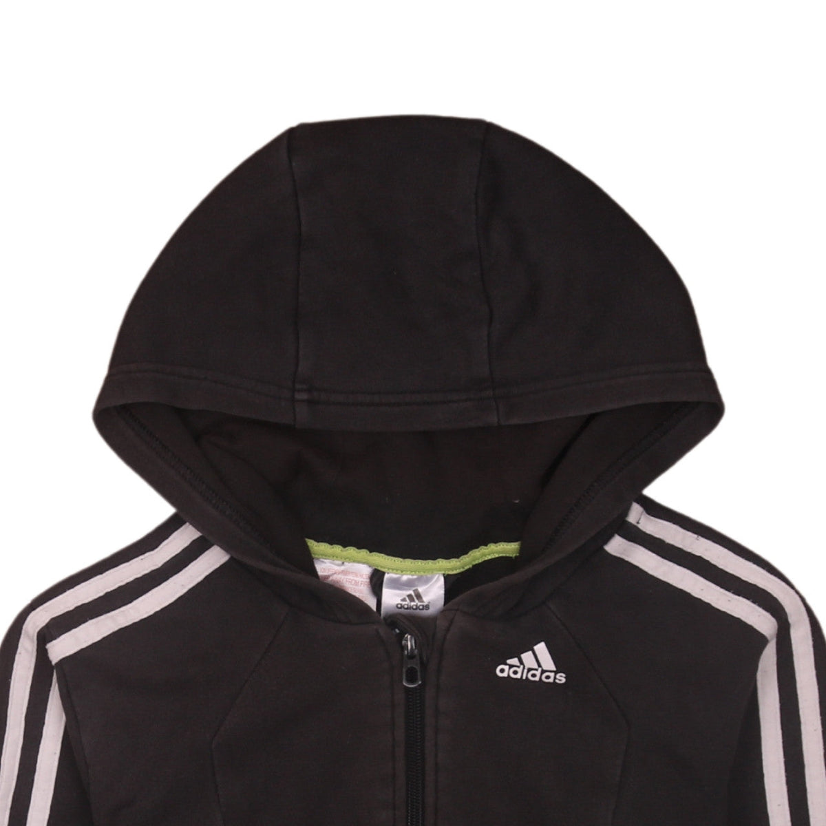 Brand and care label for Adidas boys’ black full zip hoodie, size 11-12, years sportswear