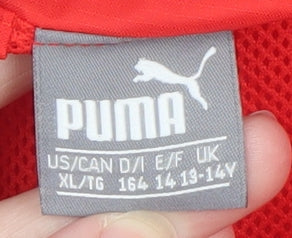Brand and care label for Puma boys’ red hooded windbreaker jacket 14 years lightweight zip up