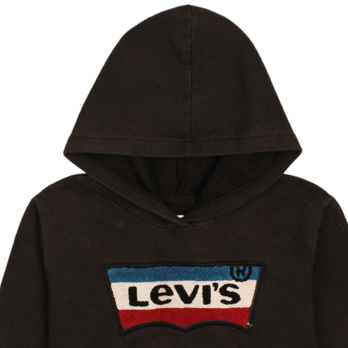 Brand and care label for Levi's girls’ black hooded pullover sweatshirt xl 13-15 years logo design