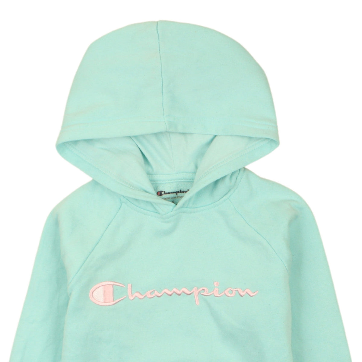 Brand and care label for Champion girls’ aqua blue pullover hoodie small - embroidered logo, fleece lined