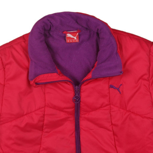 Brand and care label for Puma girls’ red puffer jacket, size 14, xl quilted hoodless winter coat
