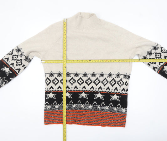 White Stuff Women’s Beige Wool Fair Isle High Neck Jumper Size 14