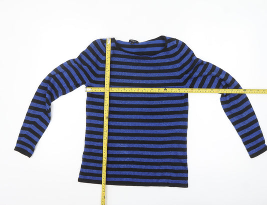 Hobbs Women’s Blue Black Striped Silk Blend Boat Neck Jumper Size 12