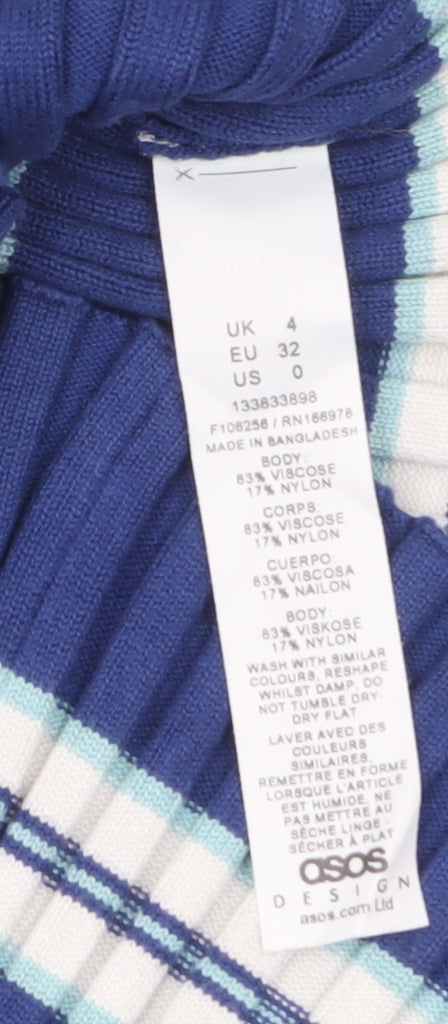 Brand and care label for ASOS Design Women's Blue Striped Knit T-Shirt, size 4