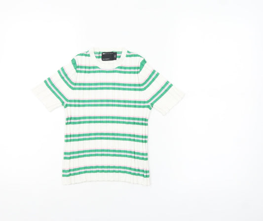 Additional front view of ASOS DESIGN Women’s White Green Striped Short Sleeve Knit T-Shirt, size UK 4