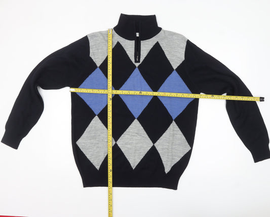 BONO BONO Uomo Men's XL Black Grey Blue Argyle 1/2 Zip Wool Jumper