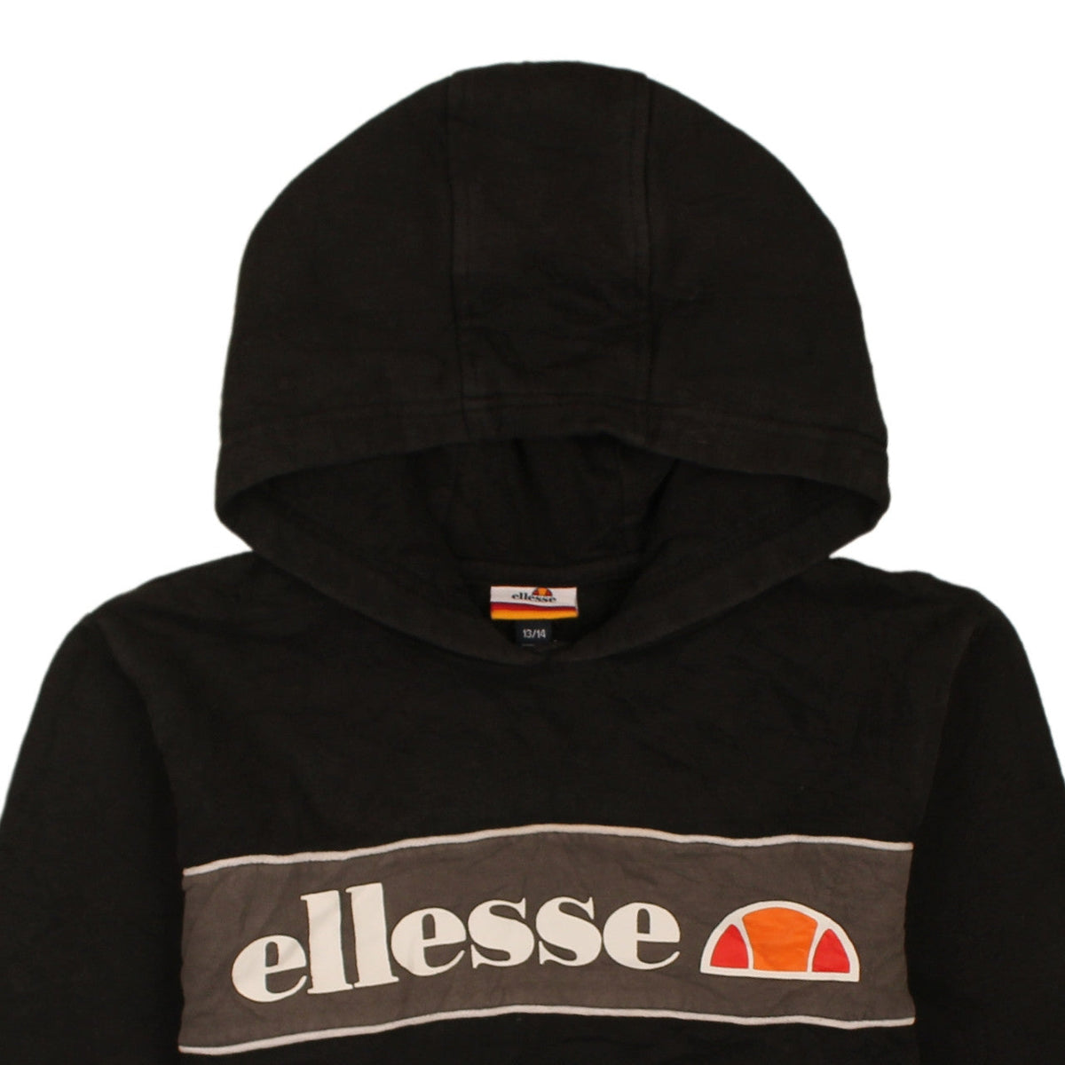Brand and care label for Ellesse boys’ black pullover hoodie 13-14 years logo graphic fleece