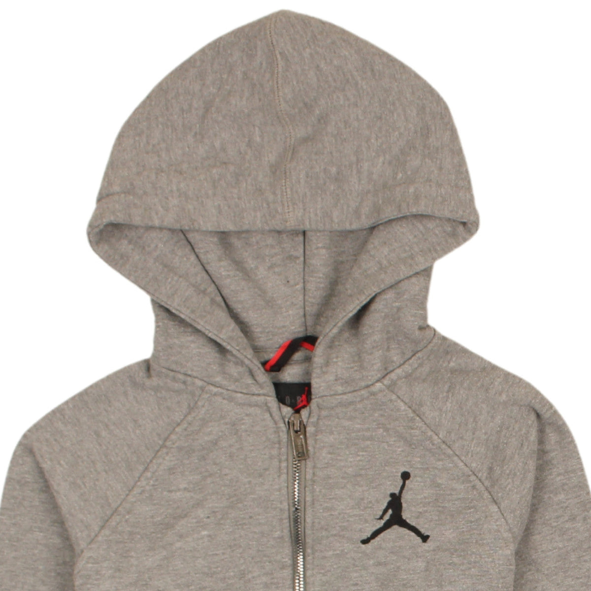 Brand and care label for Jordan boys’ grey full zip hoodie 10-12 years cotton blend fleece