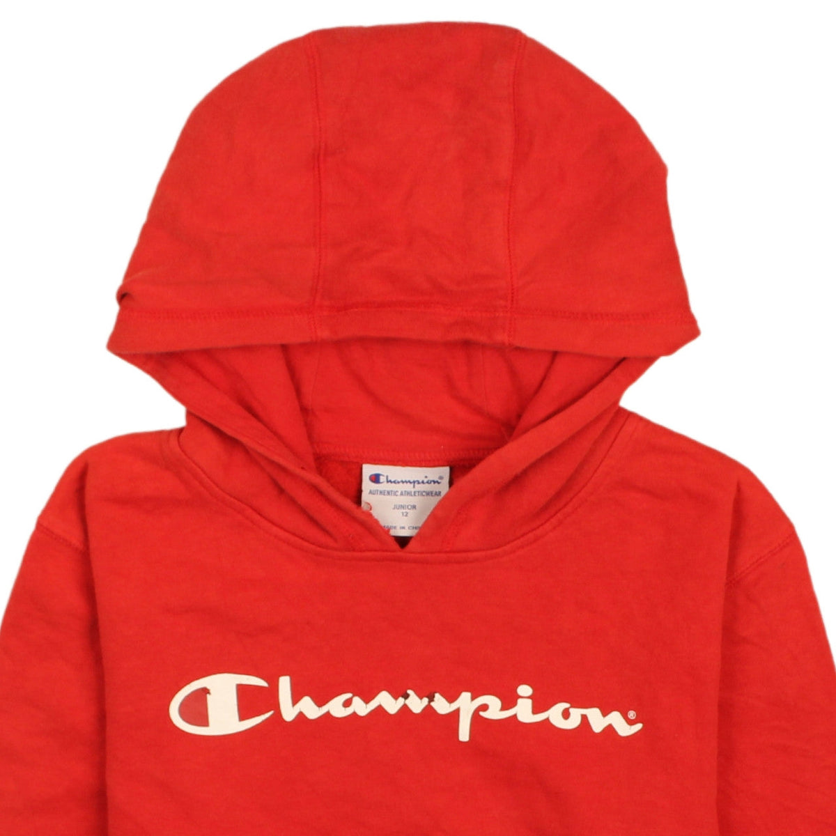 Brand and care label for Champion boys’ red pullover hoodie 12 years fleece logo sweatshirt